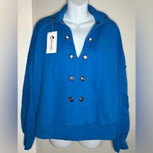 NWT Kissonic cotton V-neck oversized blue sweatshirt  metal grommets women Med